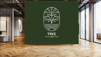 Modern tree logo, line design. Vector illustration. Oval element Wall mural