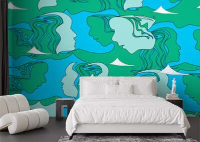 seamless pattern - calm sea, silhouettes, two waves. Wall mural