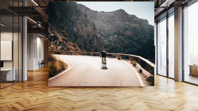 Alone man on road bicycle ride up-hill in big mountains. Orange sunset light in background Wall mural