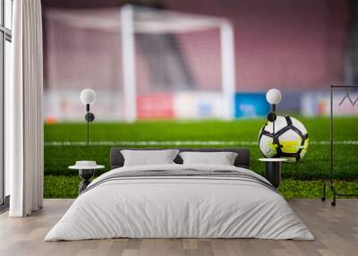 Football concept photo - Ball, stadium, grass and football net Wall mural