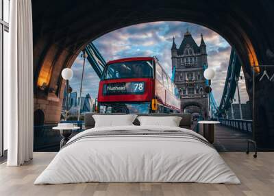 Red double decker bus at the Tower Bridge in London Wall mural