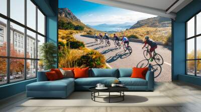 Team sport cyclist photo. Group of triathlete on bicycle ride on the road at Mallorca, Majorca, Spain. Wall mural