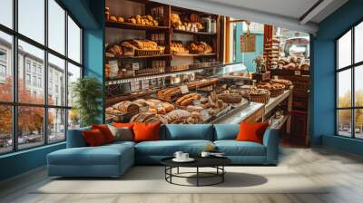 A bakery with a variety of breads and pastries on display. The atmosphere is warm and inviting, with a sense of abundance and variety Wall mural