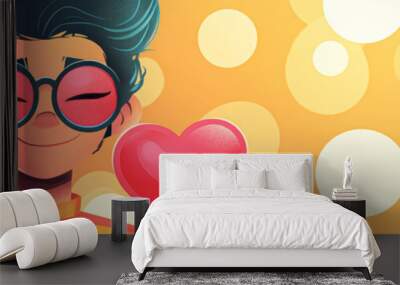 A cartoon boy wearing glasses is holding a red heart Wall mural