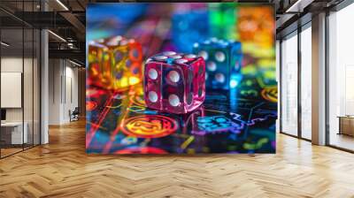 A colorful board with dice on it. The dice are in different colors and are placed on top of the board Wall mural