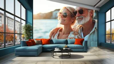 A couple is enjoying a day at the beach, with the man wearing sunglasses Wall mural