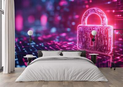 A digital image of a key and lock with a red background Wall mural