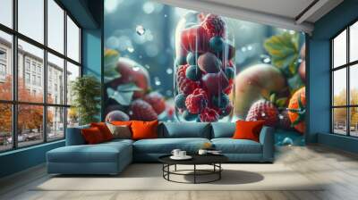 A glass jar filled with a variety of fruits including strawberries, raspberries, and apples. The fruits are arranged in a way that they look like they are inside a pill. Concept of health and wellness Wall mural