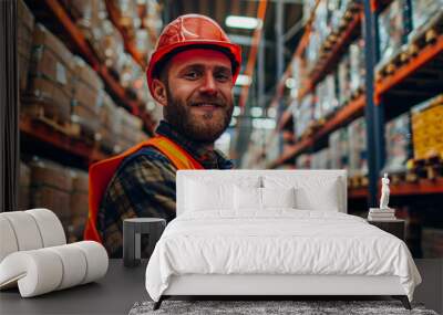 A man in a safety vest stands in a warehouse with a smile on his face. He is wearing a hard hat and he is happy Wall mural