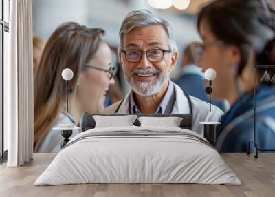 A man in a white coat is smiling at two women Wall mural