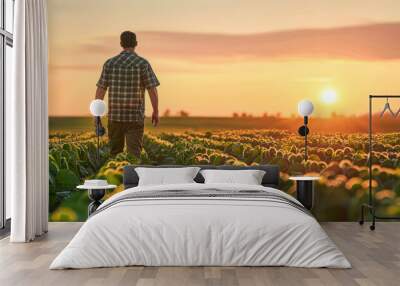 A man stands in a field of green plants, looking at the sun as it sets. Concept of peace and tranquility, as the man takes a moment to appreciate the beauty of nature Wall mural