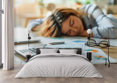 A professional slumped over their desk in exhaustion, papers and a calculator nearby, glasses set aside, portraying the toll of overwork and the need for balance Wall mural