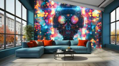 A robot with glowing eyes and a colorful face. The robot is surrounded by a colorful background, giving the impression of a futuristic, otherworldly environment. The image is a work of art Wall mural