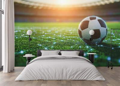 A soccer ball is on a field with a network of lines surrounding it Wall mural