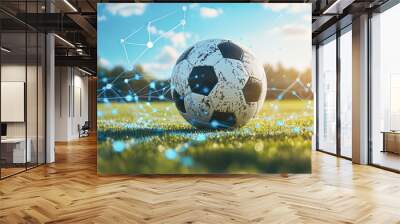 A soccer ball is on a field with a network of lines surrounding it Wall mural