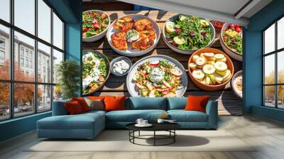 A table full of food with a variety of dishes including salads, fruit Wall mural