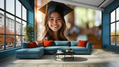 A woman wearing a black graduation cap and gown is smiling and holding a book Wall mural