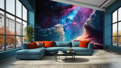 Abstract outer space endless nebula galaxy background. Large view of a colorful dark nebula in space. Cosmic background with bright shining stars, galaxies, and a deep universe. Generative ai Wall mural