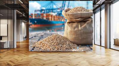 Bags of grain on a dock with a pile of wheat in the foreground and a large container ship loaded with colorful containers in the background. Wall mural