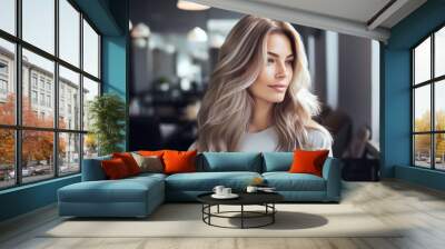 Beauty girl with long and shiny wavy Hair ,coloring and toning, shatush and balayash . Beautiful woman model with curly hairstyle. Wall mural