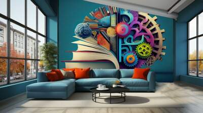 Book and Brain - modern Idea and Concept illustration Business. Idea concept with an open book, brain, and book on a green background.Generative Ai Wall mural