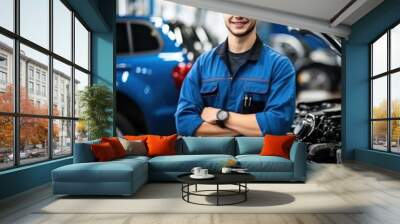 car service, repair, maintenance and people concept. happy smiling auto mechanic man or smith at workshop Wall mural