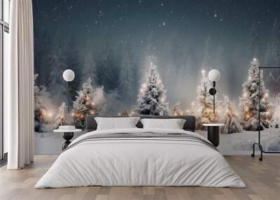 Christmas tree and Christmas lights on abstract snowy landscape background, Xmas background concept with advertising space. Generative Ai. Wall mural