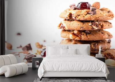 Closeup of Nutty, Chocolatey, and Jelly Cookie Mix on Horizontal White Background with Copy Space Wall mural