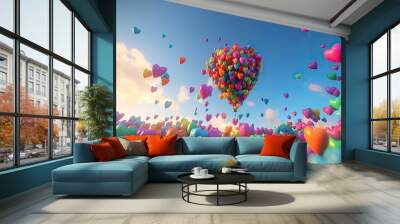 Colorful heart shape balloon with blue sky. Valentine's day background with heart shaped balloons. Generative Ai. Wall mural