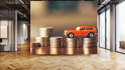 concept of auto dealership and rental, new car buy. toy car stack of coins Wall mural