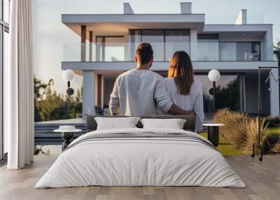 couple embracing in front of new big modern house, outdoor rear view back looking at their dream home Wall mural