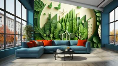 Ecology concept with green eco city background.Environment conservation resource sustainable. Generative Ai. Wall mural