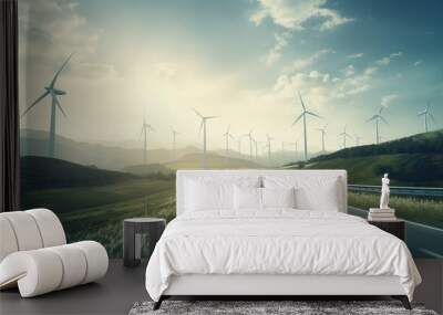 Electric car drive on the wind turbines background. Car drives along a mountain road. Electric car driving along windmills farm. Alternative energy for cars. Car and wind turbines farm. Generative Ai. Wall mural