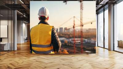 engineer man or architect looking forward with white safety helmet in city construction site . Standing on rooftop building construction at capital. Wall mural