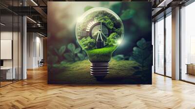 Environmental protection, renewable, sustainable energy sources. The green world map is on a light bulb that represents green energy Renewable energy that is important to the world. Generative Ai Wall mural