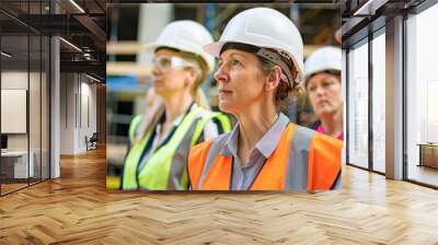 Female supervisor managing a construction project with a team of contractors Wall mural