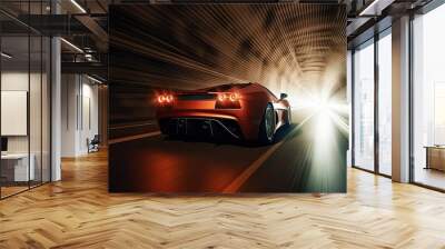 Futuristic Sports Car On Neon Highway. Powerful acceleration of a supercar on a night track with colorful lights and trails. 3d illustration. Generative Ai. Wall mural