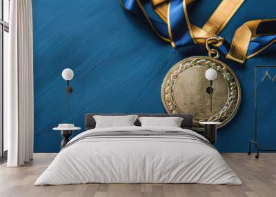 Glowing Gold Medal Achievement on Vibrant Blue Background Wall mural