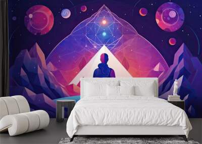 illustration of man meditation. person sitting on universe meditating over the ocean with Milky Way background, back view. Generative Ai Wall mural