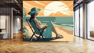 illustration of Summer beach vacation concept. beautiful woman relaxing on chair beach. Generative Ai. Wall mural