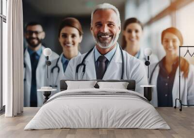 Leadership, teamwork and portrait doctors in hospital with support and success in healthcare. Health, help, and medicine, confident senior doctors happy medical employees smile together. Generative Ai Wall mural