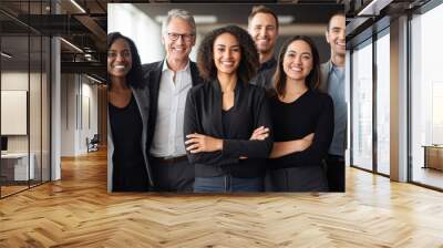 Portrait of successful group of business people at modern office looking at camera. Portrait of happy businessmen and satisfied businesswomen standing as a team. Multiethnic group of people smiling. Wall mural