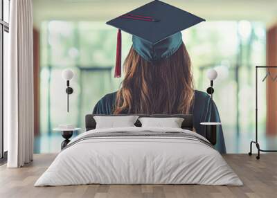 Proud Female Graduate Embracing Future Success in College Hallway with Books Wall mural