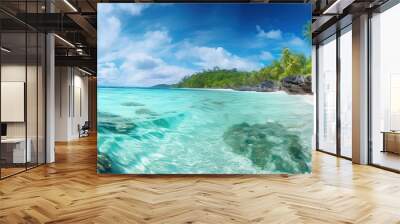 Sky and sun at sea background, ocean and beach vector island scenery empty cartoon. Ocean or sea water with waves and clouds in sky summer blue seascape with cloudy sky and seaside. Generative Ai Wall mural