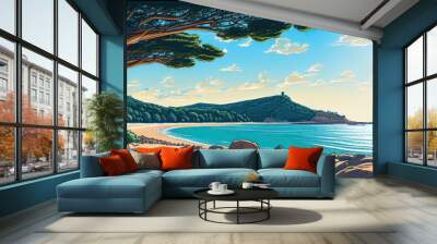 Sky and sun at sea background, ocean and beach vector island scenery empty flat cartoon. Ocean or sea water with waves and clouds in sky summer blue seascape with cloudy sky and seaside. Generative Ai Wall mural