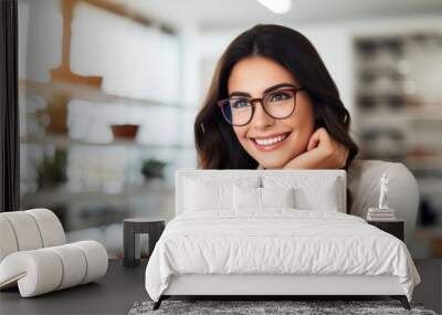 The best eyewear brands in the optometry business. Shot of a young woman buying a new pair of glasses at an optometrist store. Wall mural