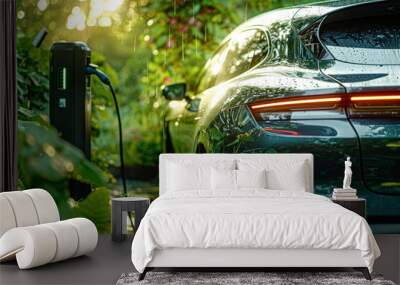 the electric car at the charging station with the lush, green surroundings. Wall mural