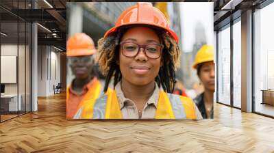 three women of diverse backgrounds wearing hard hats and safety vests at an urban construction site. Position the central figure slightly in front, highlighting her role as a leader Wall mural