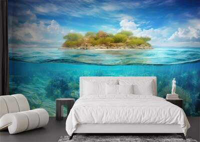 Tropical Island And Coral Reef - Split View With Waterline. Beautiful underwater view of lone small island above and below the water surface in turquoise waters of tropical ocean. Generative Ai. Wall mural