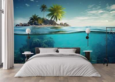 Tropical Island And Coral Reef - Split View With Waterline. Beautiful underwater view of lone small island above and below the water surface in turquoise waters of tropical ocean. Generative Ai. Wall mural